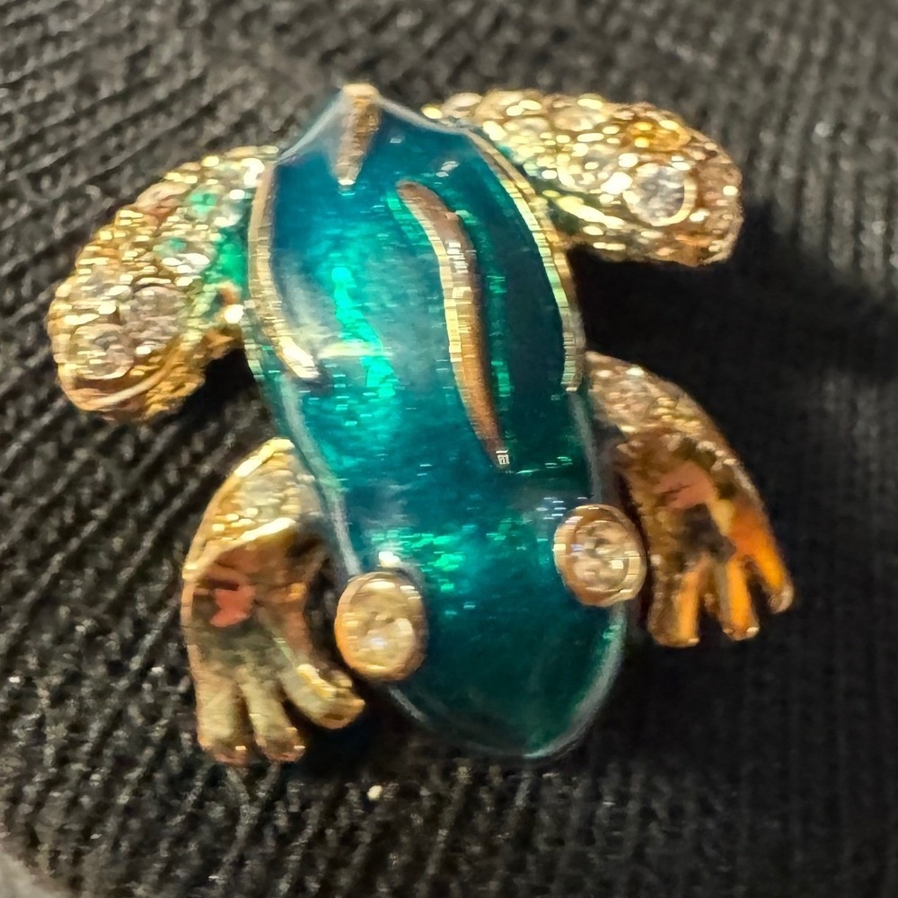 Vintage Style Teal Enamel Frog Brooch Gold Tone Rhinestone Animal Pin 1 Inch